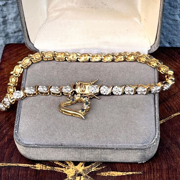 Vintage Heart Charm Tennis Bracelet Sterling Silver Gold Plated Jewelry - Picture 4 of 10